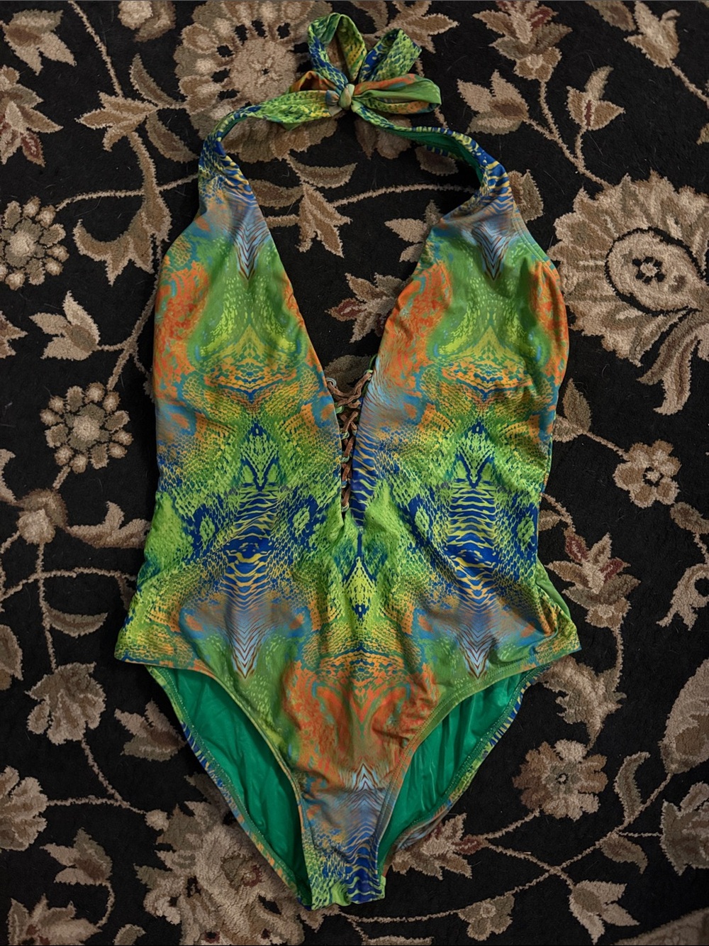Vintage Halter Snakeskin Print One-Piece Swimsuit in Green Multi